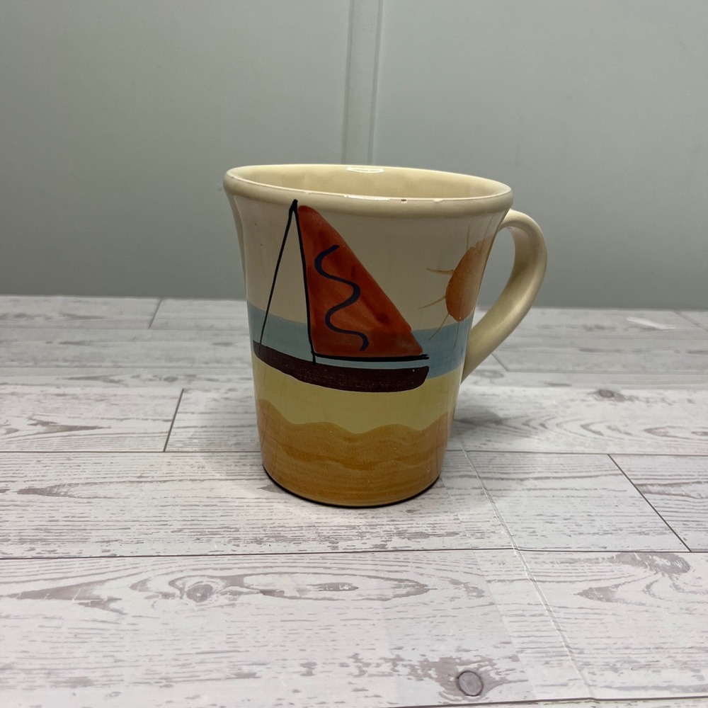 Pier 1 One Mug Made in Italy Hand Painted Beach Palm Summer Boat Ceramic 4.5"